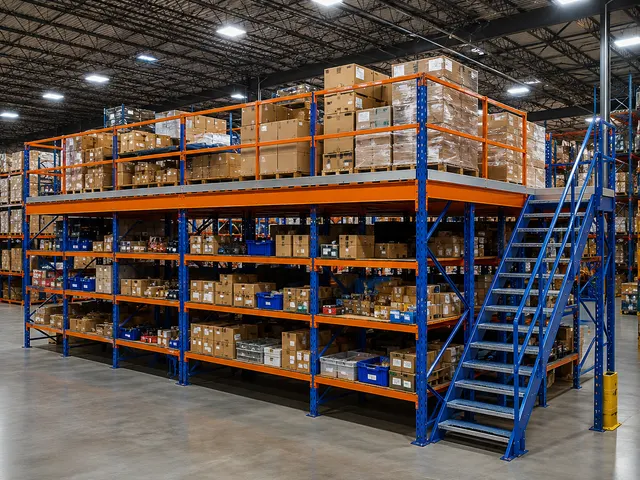 Multi-Tier Mezzanine Racking in use