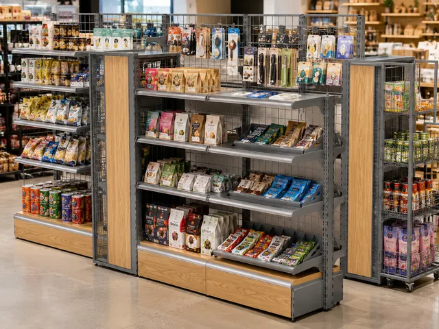 Modular Steel-Wood Grid Shelving in use