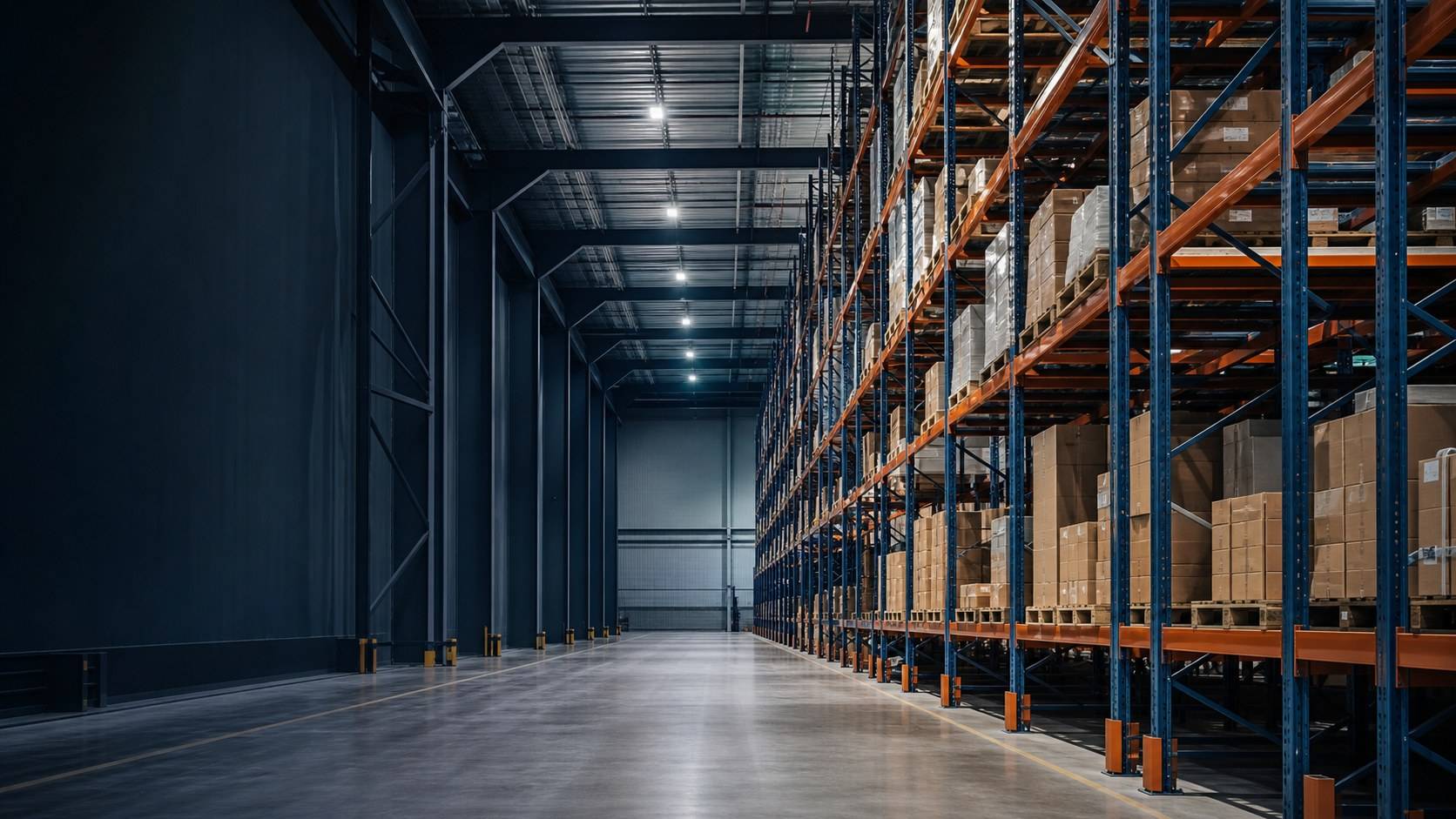 High-bay warehouse with pallet racking and a clear storage aisle
