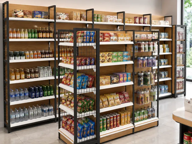 Wood Grain Retail Shelving in use